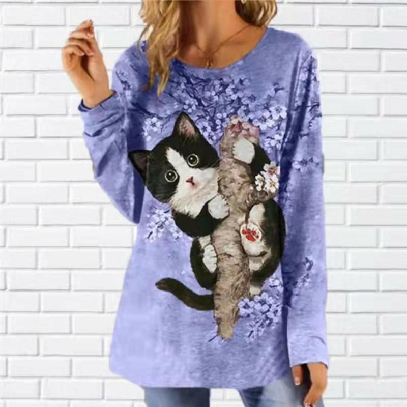 Cat Print Round Neck Long Sleeve Casual T-shirt.