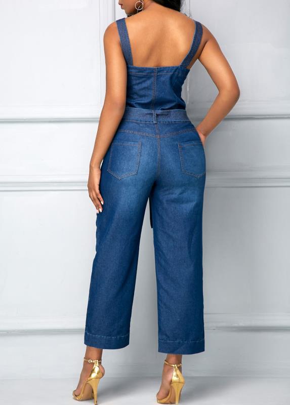 Sling Bowknot Denim Jumpsuit.