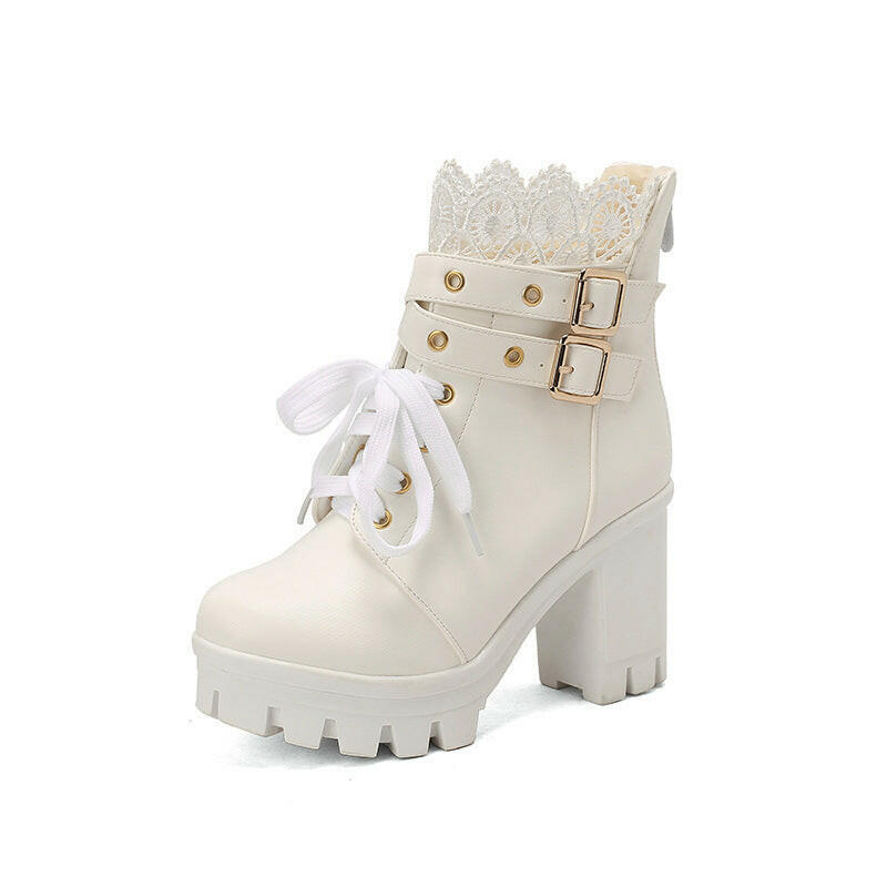 Women's Platform Retro Lace Up Belt Buckle Boots.