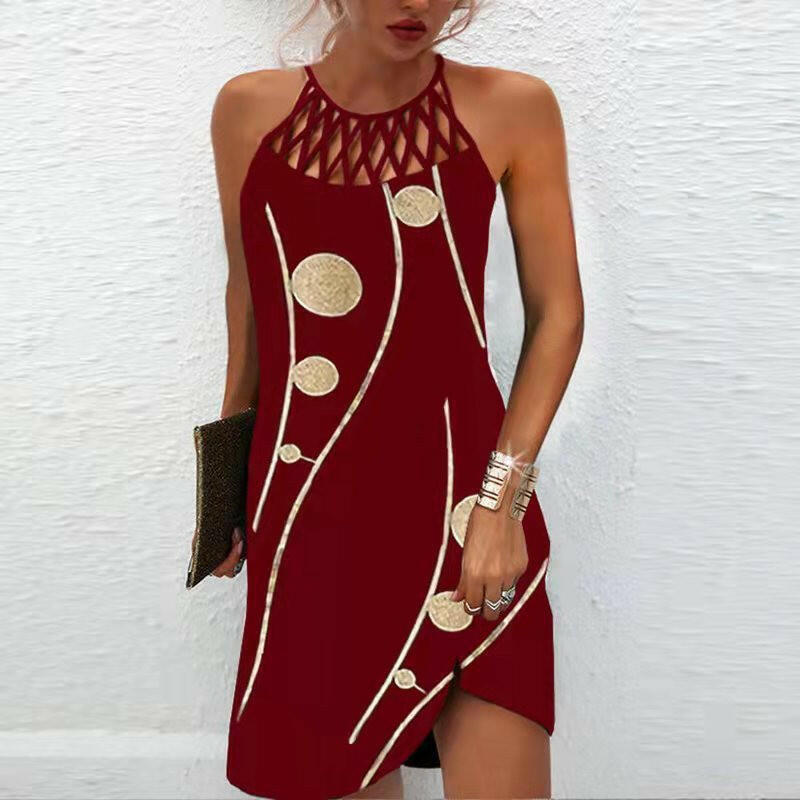 Fashion Print Dress Casual Halterneck Dresses For Women Summer Clothes.