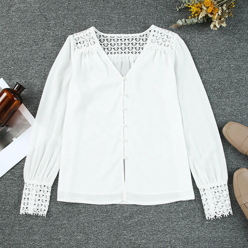 Solid Color Lace V-neck Single-breasted Shirt For Women.