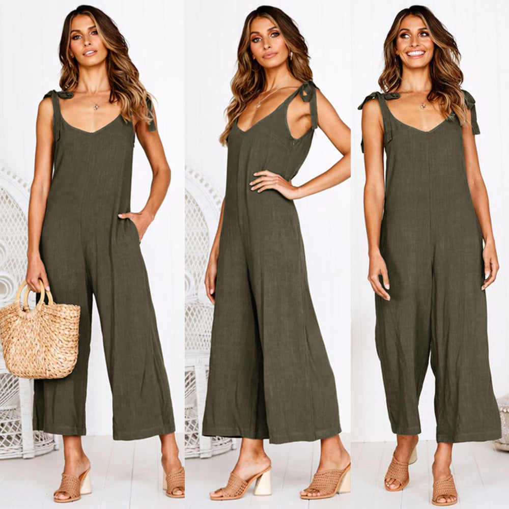 V-neck loose jumpsuit.