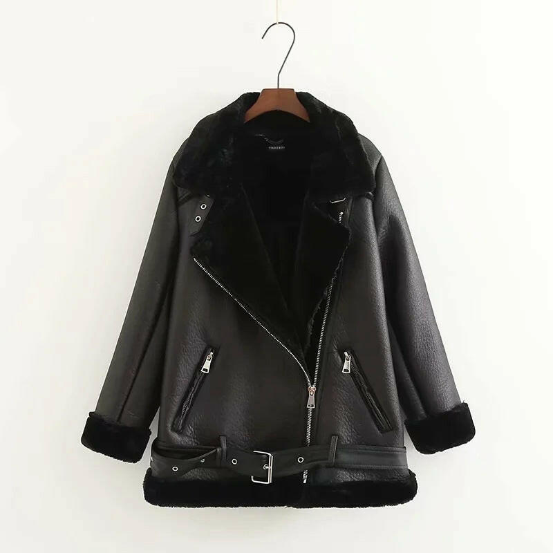 Jacket Tops Women's Trendy Belt PU Leather Jacket.