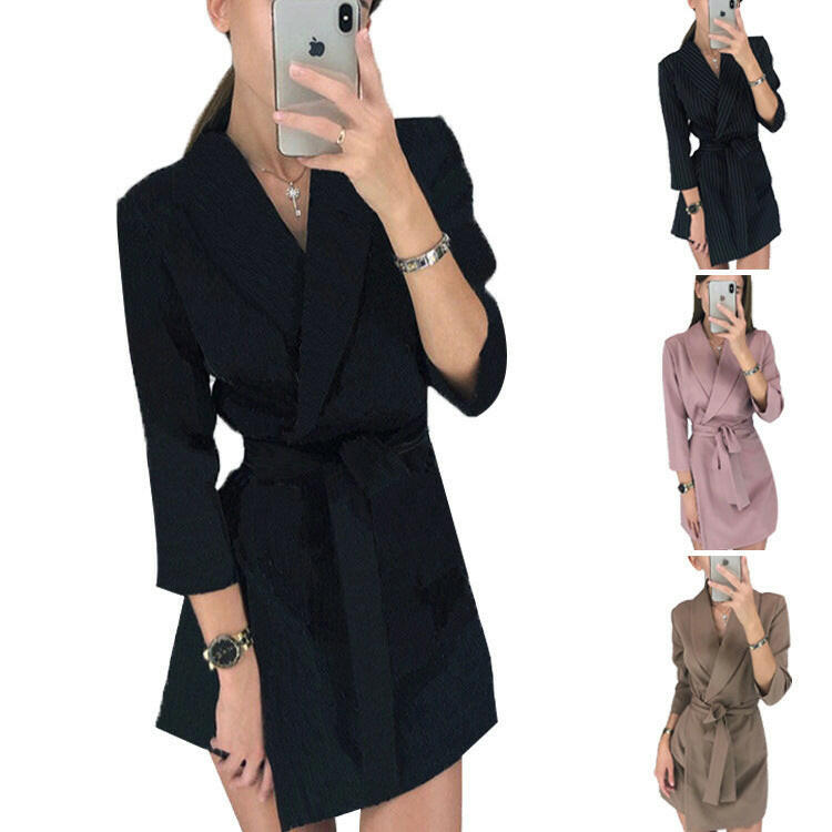 European And American Long Sleeve Solid Color Suit Collar Fashion Belt Short Dress.