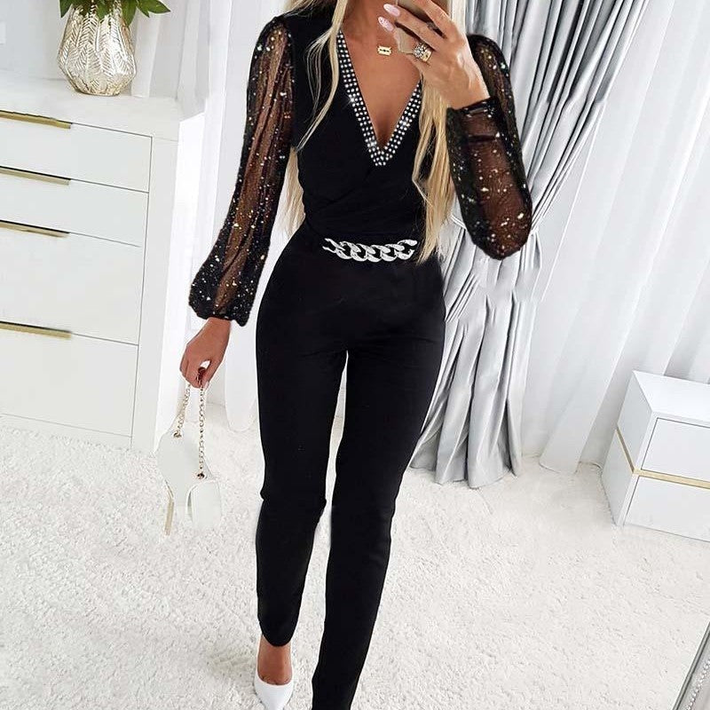 V-neck Rhinestone Mesh Jumpsuit.