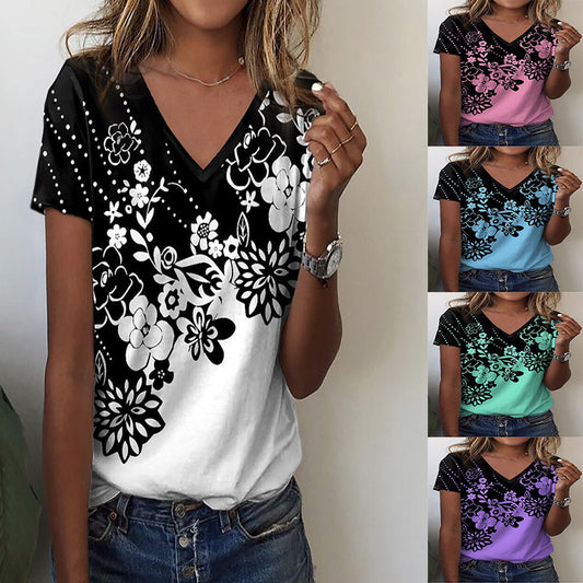 Women's Flower Printed V-neck Short-sleeved Printed T-shirt.