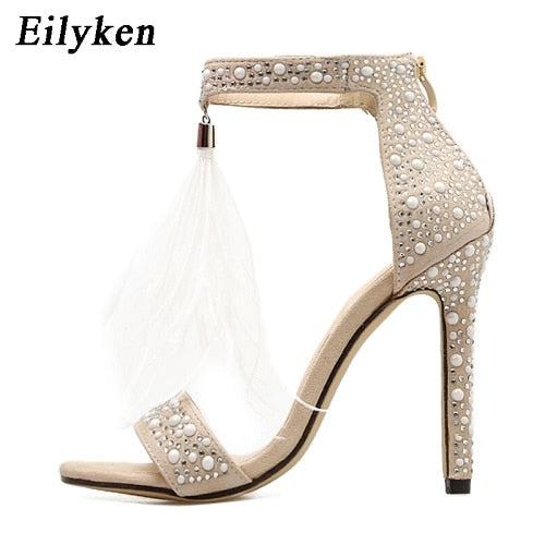 Women Sandals Pumps Summer Rhinestone Zipper Feather.