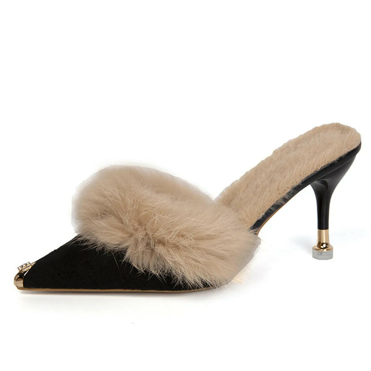 Women High Heel Shoes  Fur Slippers Mules Pointed.