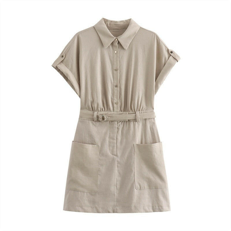 Flip collar short sleeved belt with linen dress decoration.