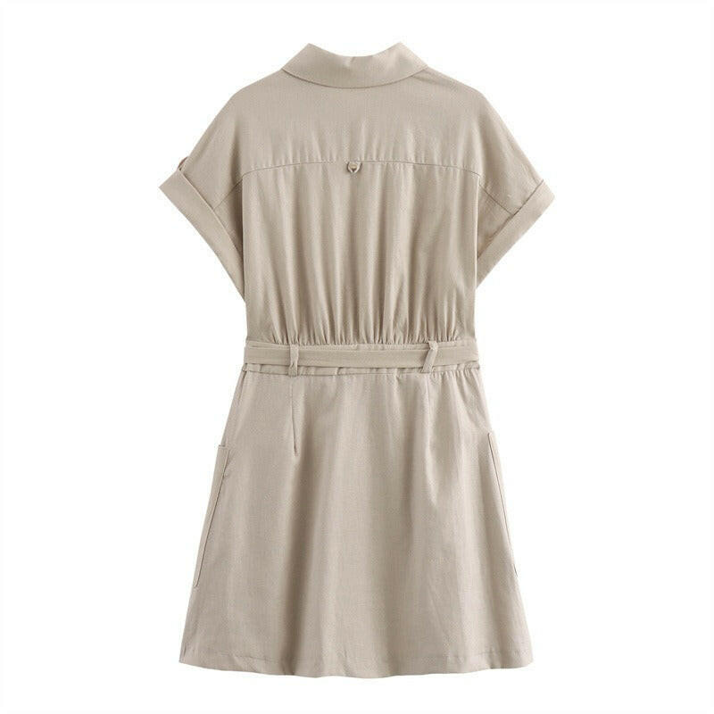 Flip collar short sleeved belt with linen dress decoration.