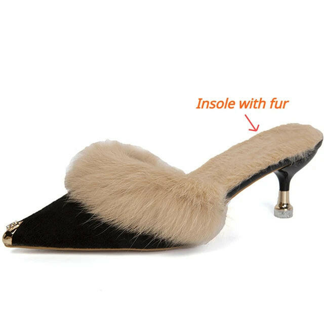 Women High Heel Shoes  Fur Slippers Mules Pointed.