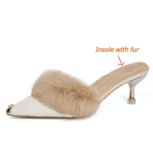 Women High Heel Shoes  Fur Slippers Mules Pointed.