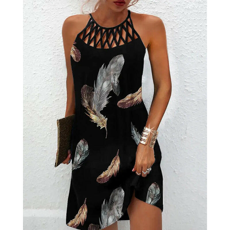 Fashion Print Dress Casual Halterneck Dresses For Women Summer Clothes.