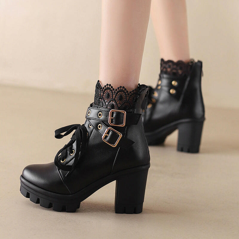 Women's Platform Retro Lace Up Belt Buckle Boots.