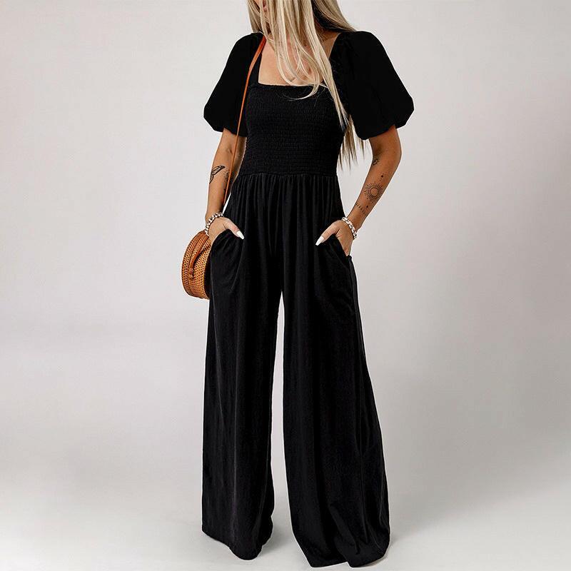 Women's Square Collar Short Sleeve Jumpsuit.