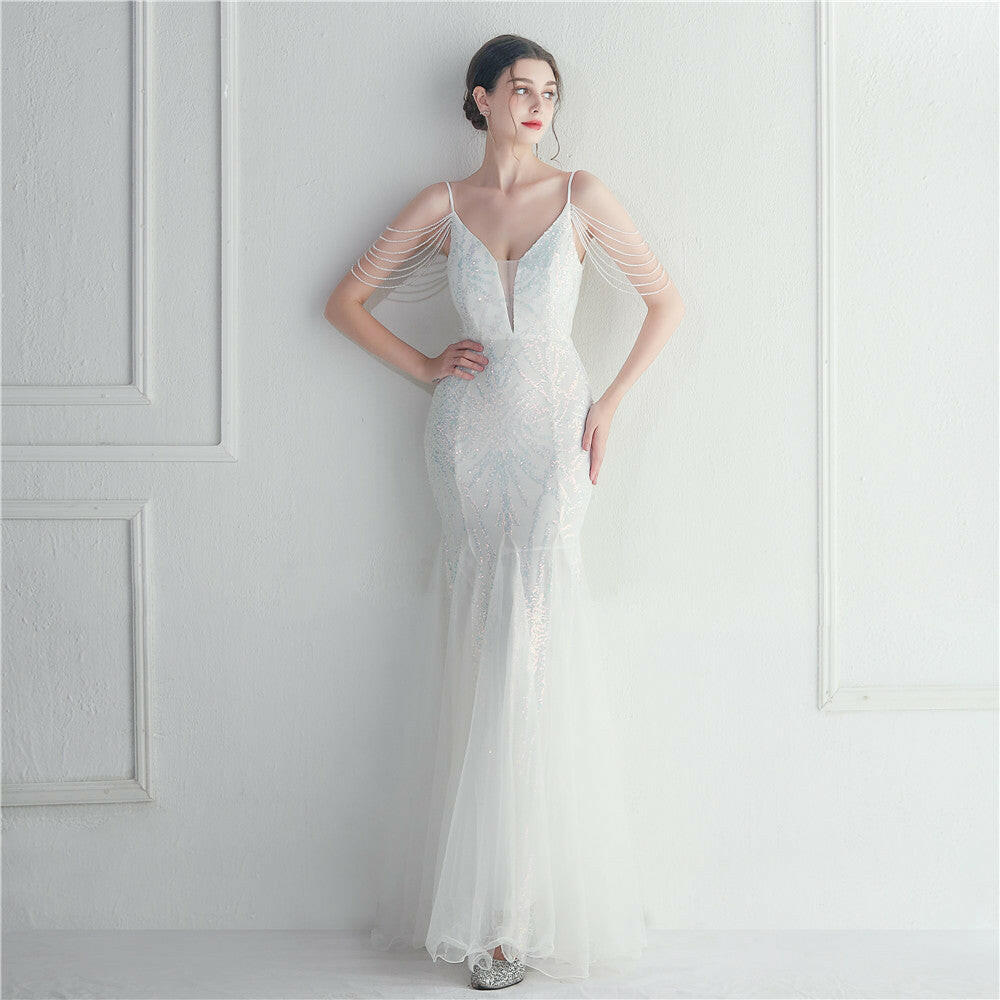 Mesh Beaded Bridal Wedding Dinner Long Camisole Evening Gown.