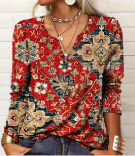 Long Sleeved Geometric Flower Mang U-neck Button Up T-shirt For Women.