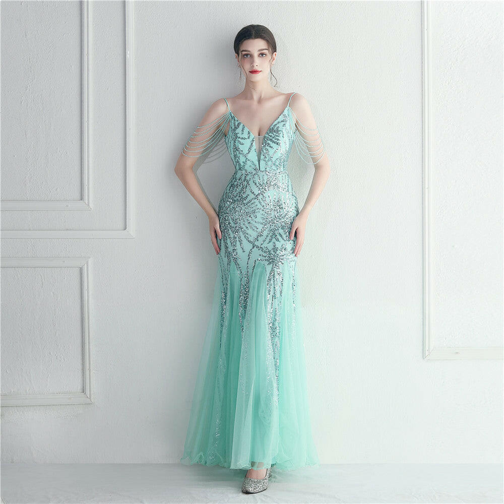 Mesh Beaded Bridal Wedding Dinner Long Camisole Evening Gown.