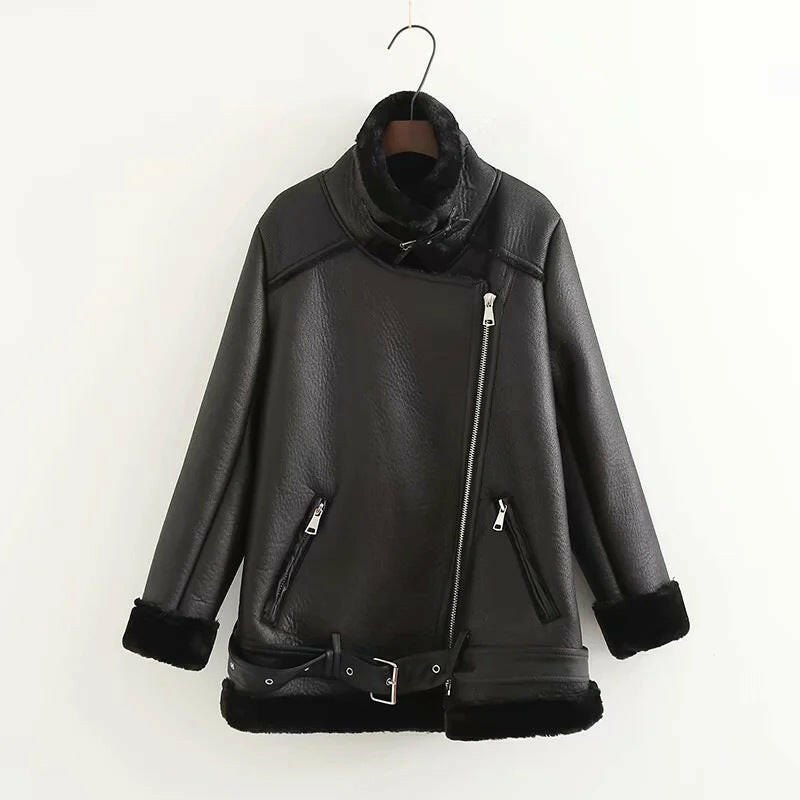 Jacket Tops Women's Trendy Belt PU Leather Jacket.