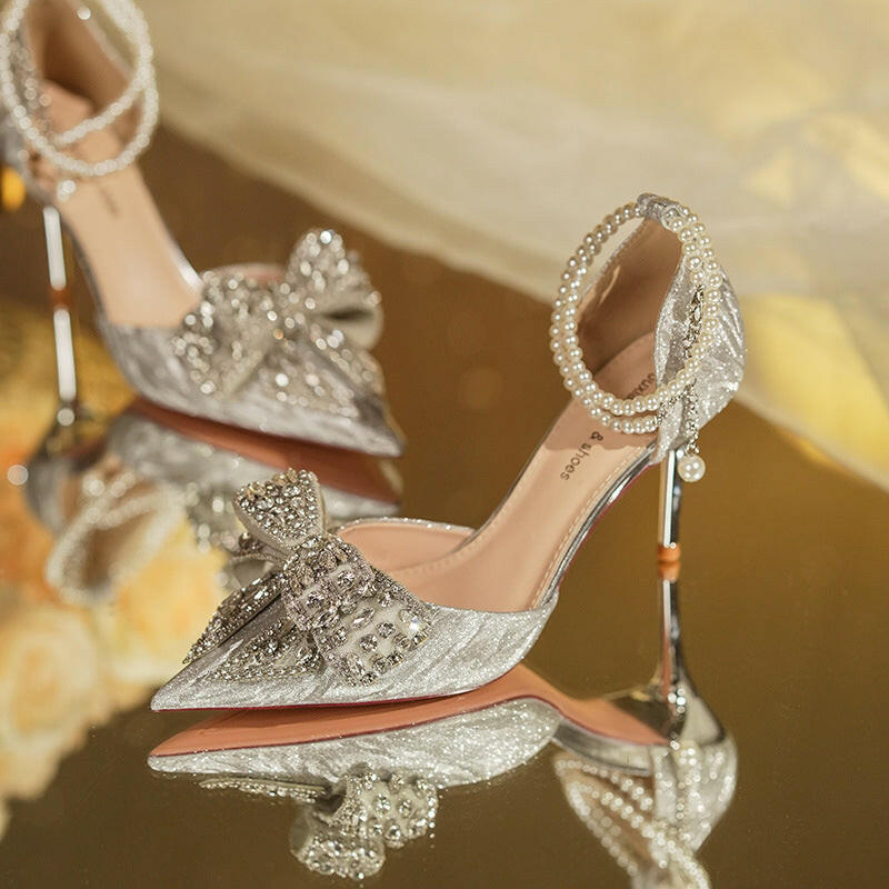 Rhinestone Bow Pointy Hollow Pearl Heels.