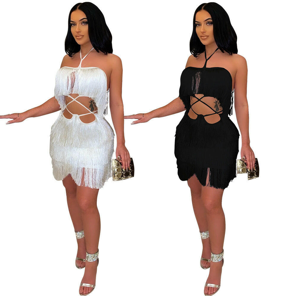 Ladies Wrap Hip Dress With Tassels In Nightclub.