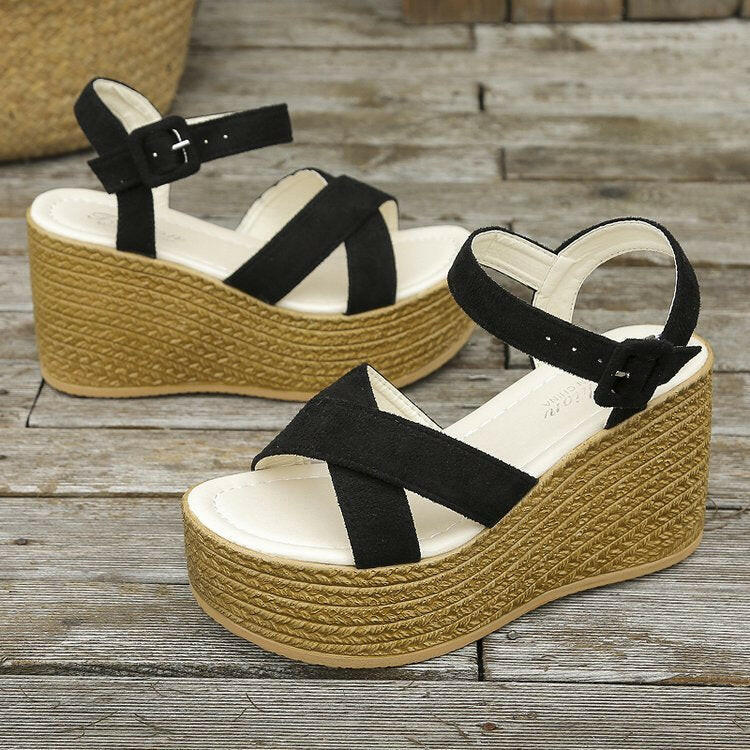 Wedge Sandals For Women Summer Casual Non-slip Cross-strap Platform Shoes With Hemp Heels Shoes.