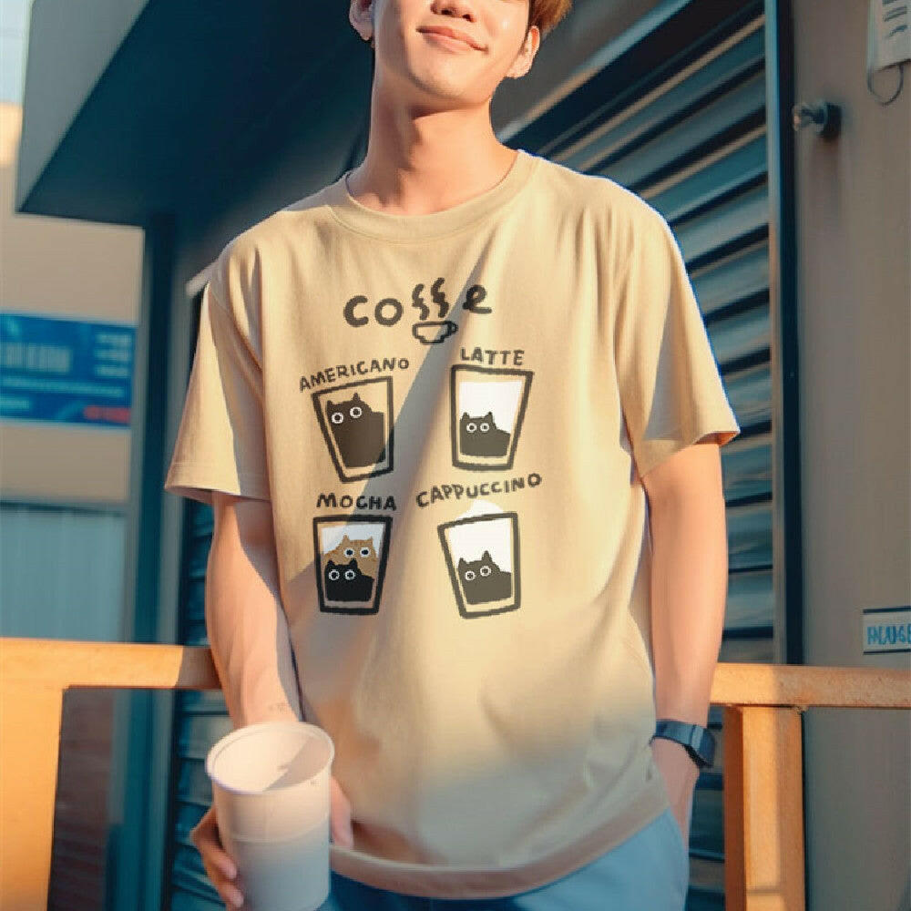 Flocking Milk Coffee Short Sleeve T-shirt For Men.