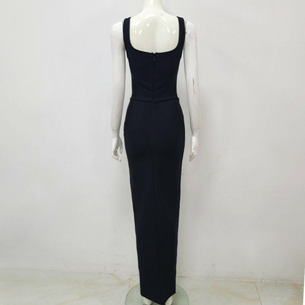 Black Sleeveless U-neck Rhinestone Elegant Slim Bandage DressEvening Dress.