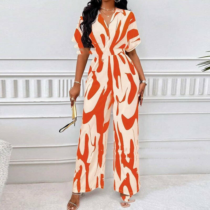 V-neck Loose Printed Long Jumpsuit.