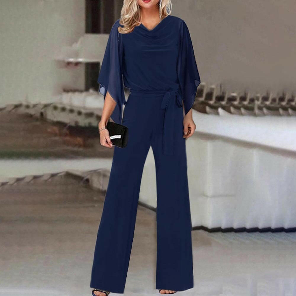 Fashion Solid Color High Waist Lace Up Casual Jumpsuit Straight-leg Pants Women.