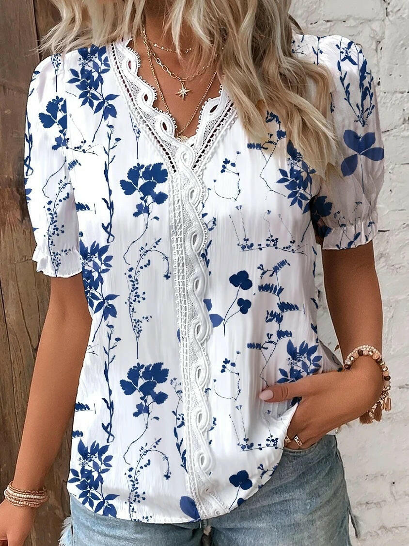 Summer V-neck Lace Stitching Printing Shirt For Women.