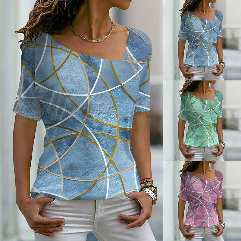 Printed Colorful Diagonal Neck Short Sleeve Women's T-Shirt.