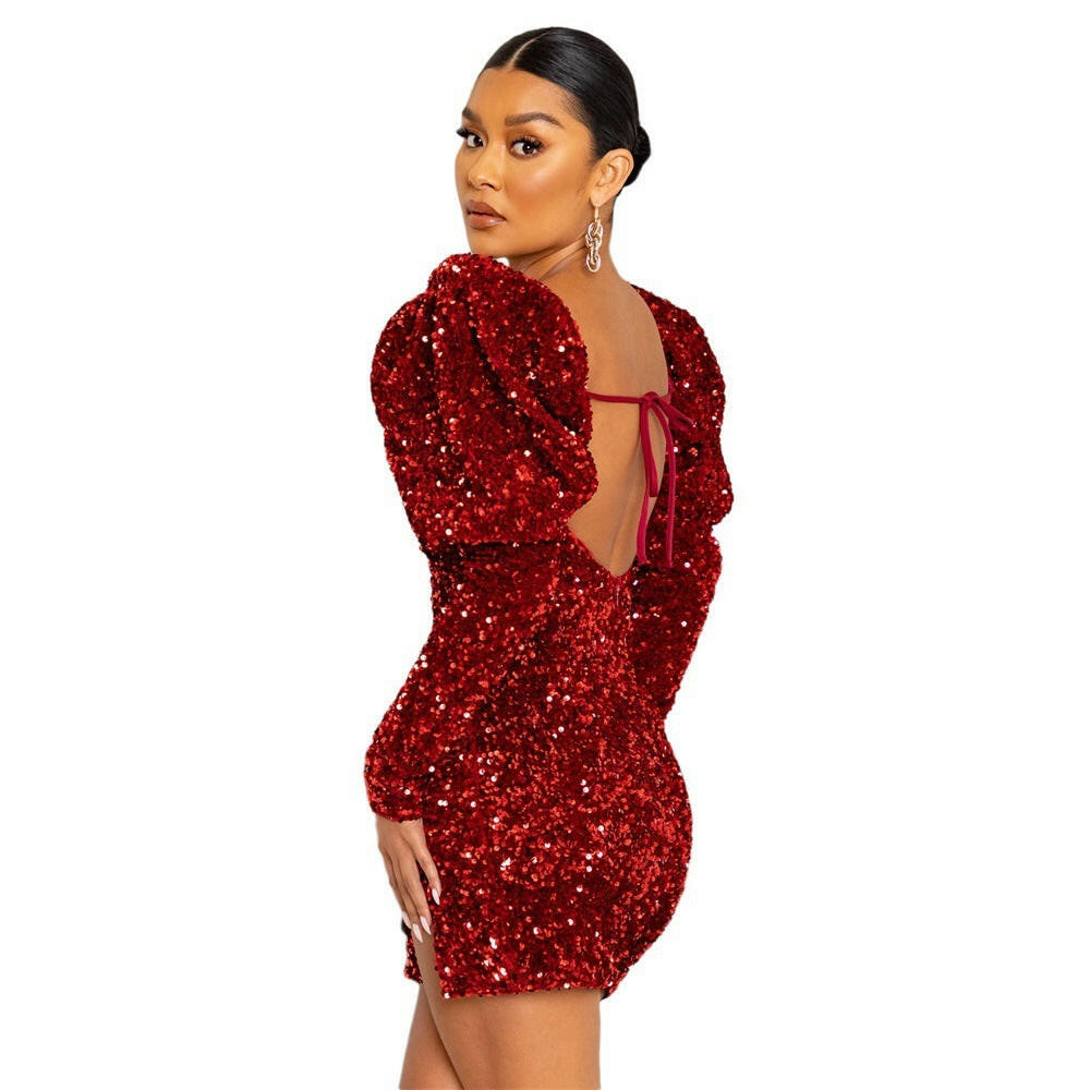 Sequin Backless Padded Shoulder Bubble Sleeve Party Dresses For Women.