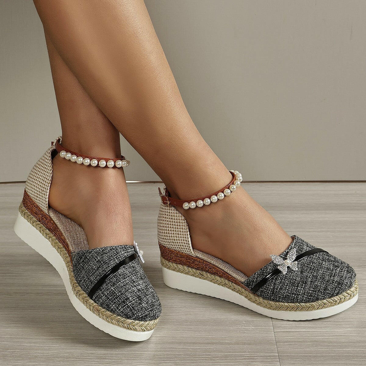 Women's Wedge Bow Sandals Straw Rope Woven.