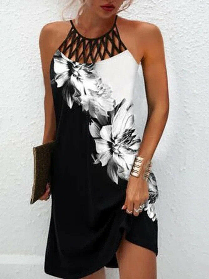 Fashion Print Dress Casual Halterneck Dresses For Women Summer Clothes.