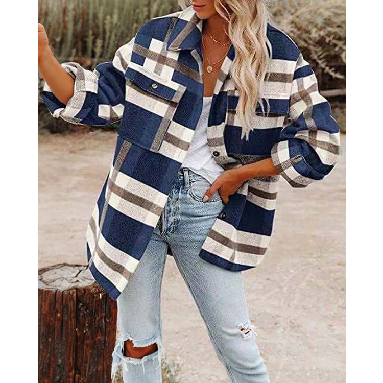 Women's Long Sleeve Lapel Loose Plaid Thickened Wool Jacket.