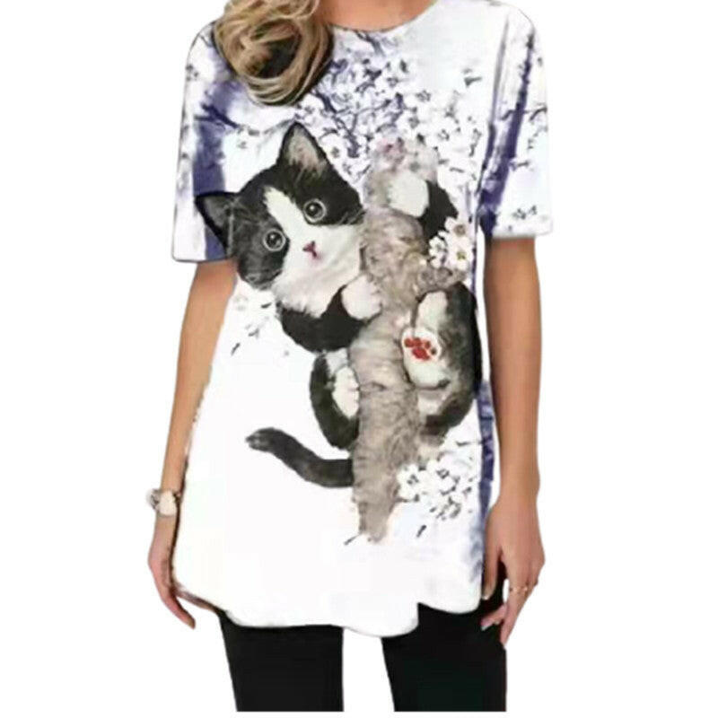 Cat Print Round Neck Long Sleeve Casual T-shirt.