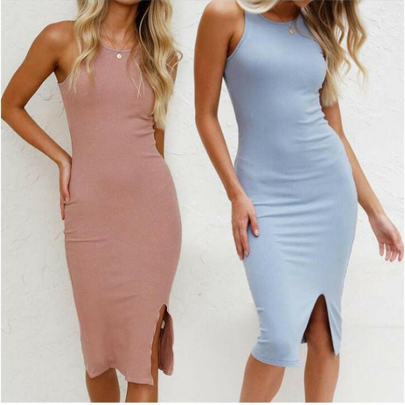 Women's Solid Color Vest Slim Long Knitted Slit Dress.