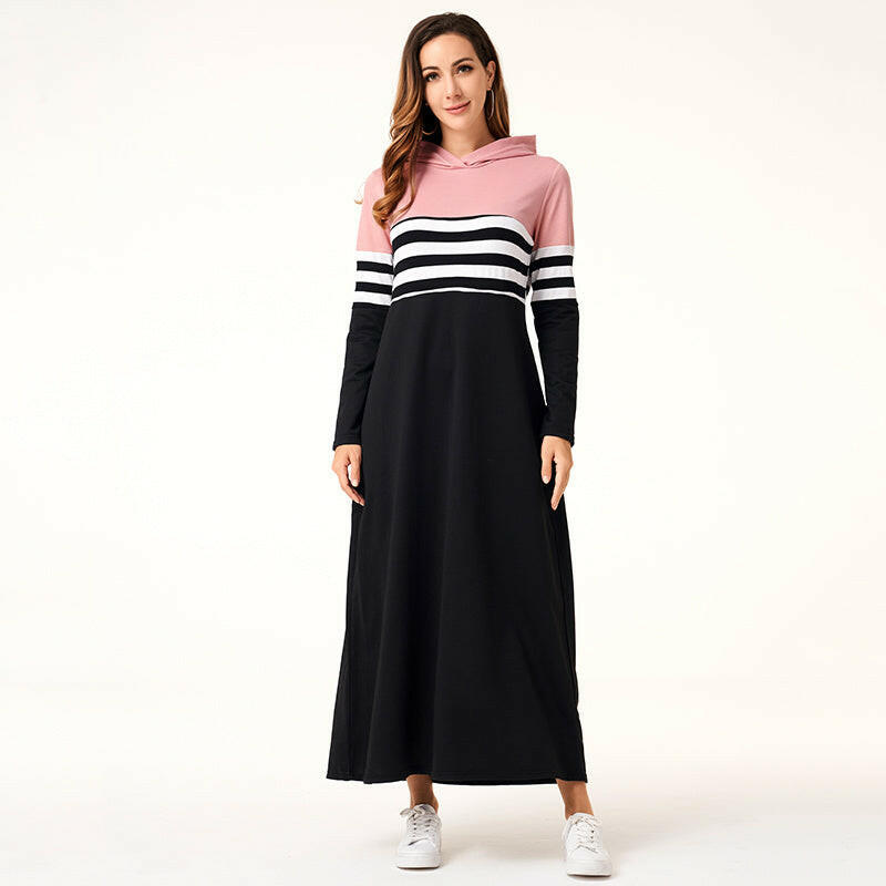 Women Hoodie Dresses Long Sleeve Striped Patchwork Casual.