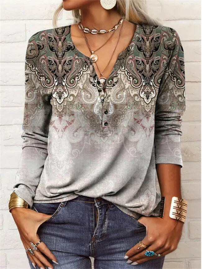 Long Sleeved Geometric Flower Mang U-neck Button Up T-shirt For Women.