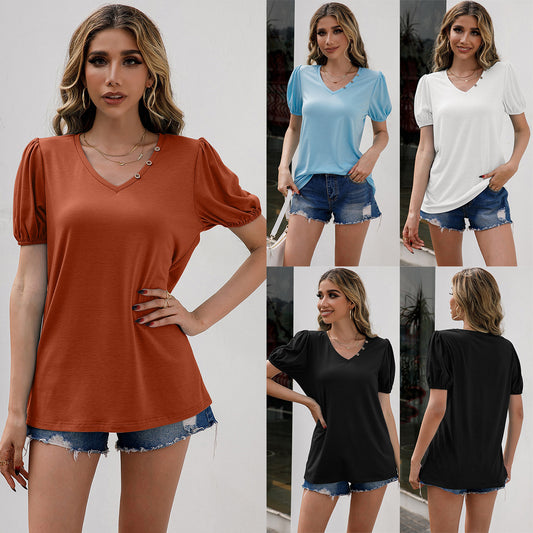 Loose Casual V-Neck Pullover Short Sleeve T-Shirt.