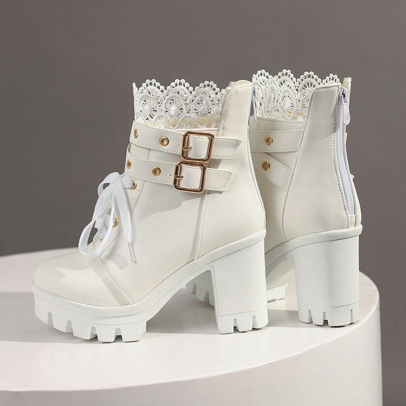 Women's Platform Retro Lace Up Belt Buckle Boots.