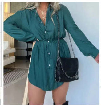 Women's Long Sleeve Jumpsuit With Button Fashion Shirt Dress.