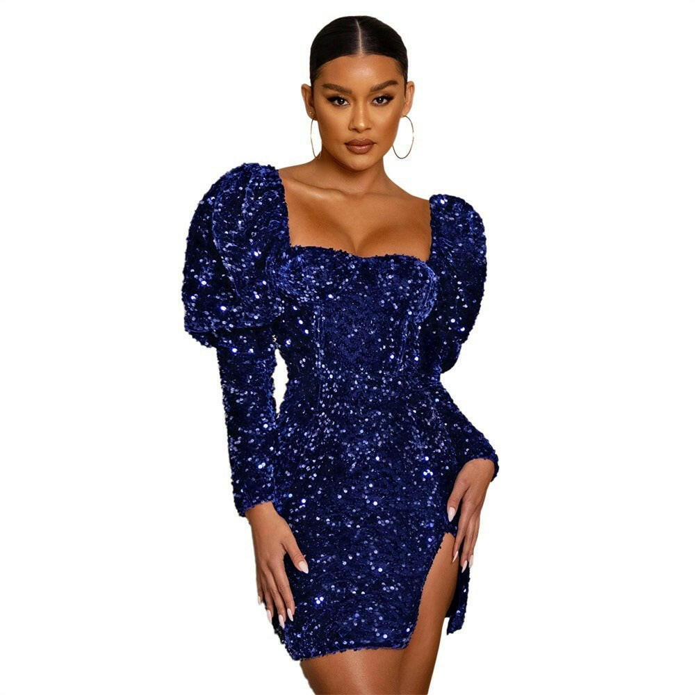 Sequin Backless Padded Shoulder Bubble Sleeve Party Dresses For Women.