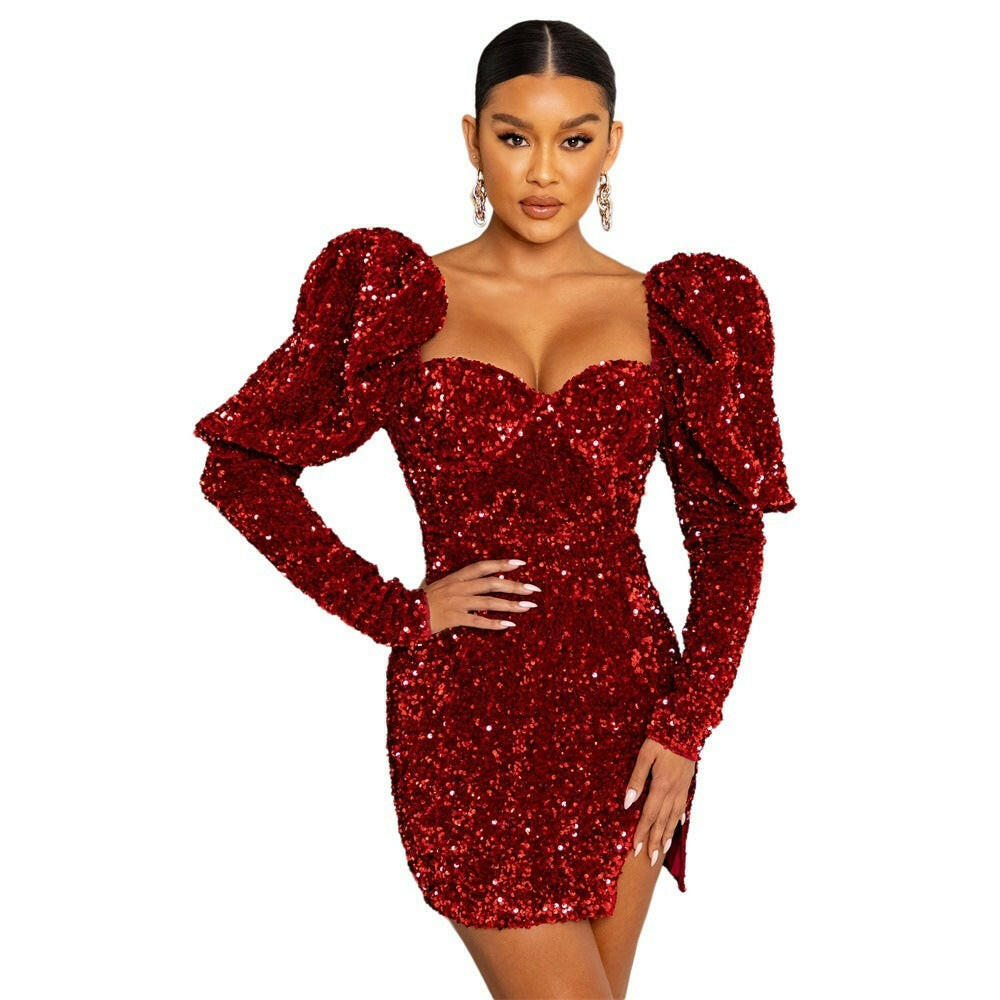 Sequin Backless Padded Shoulder Bubble Sleeve Party Dresses For Women.