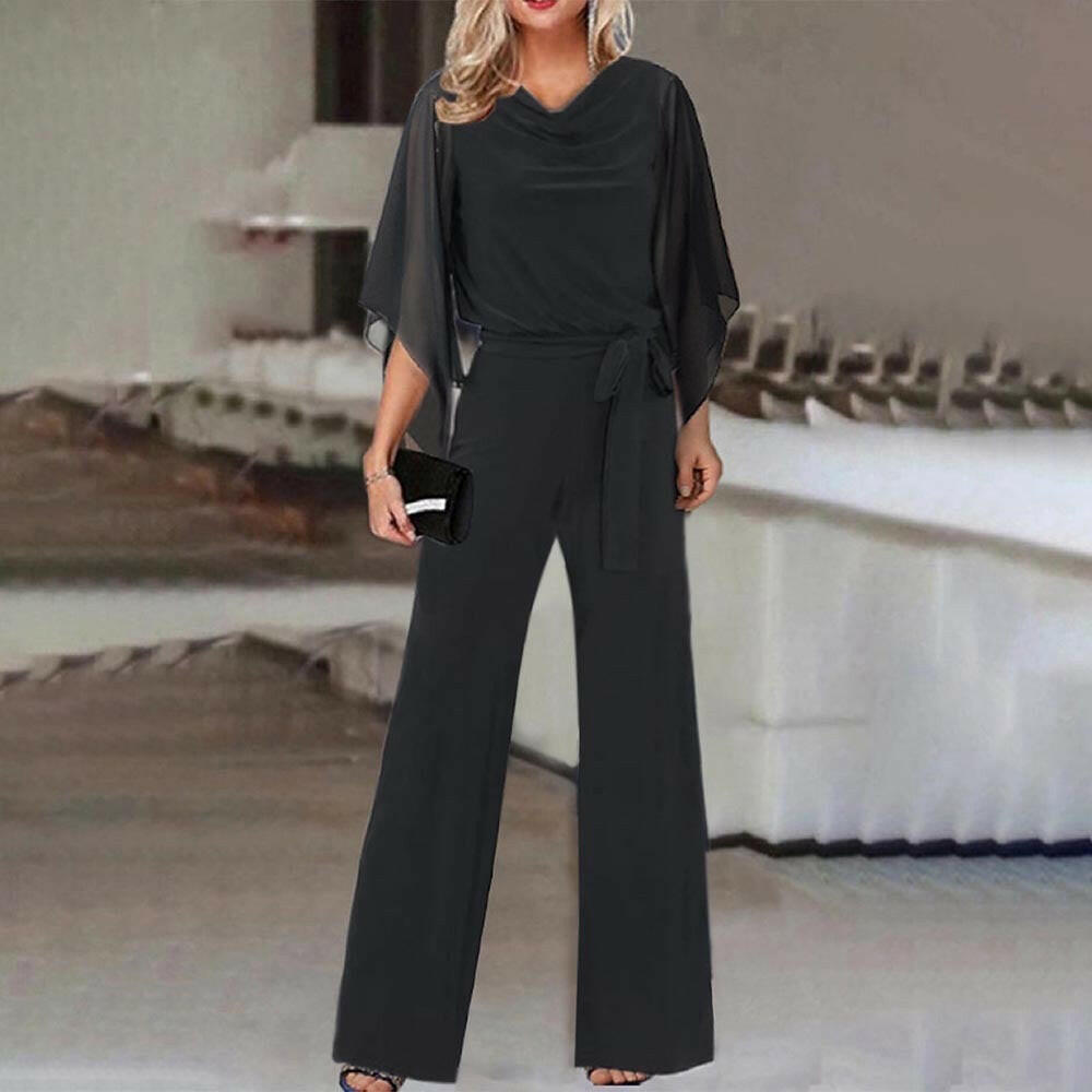 Fashion Solid Color High Waist Lace Up Casual Jumpsuit Straight-leg Pants Women.