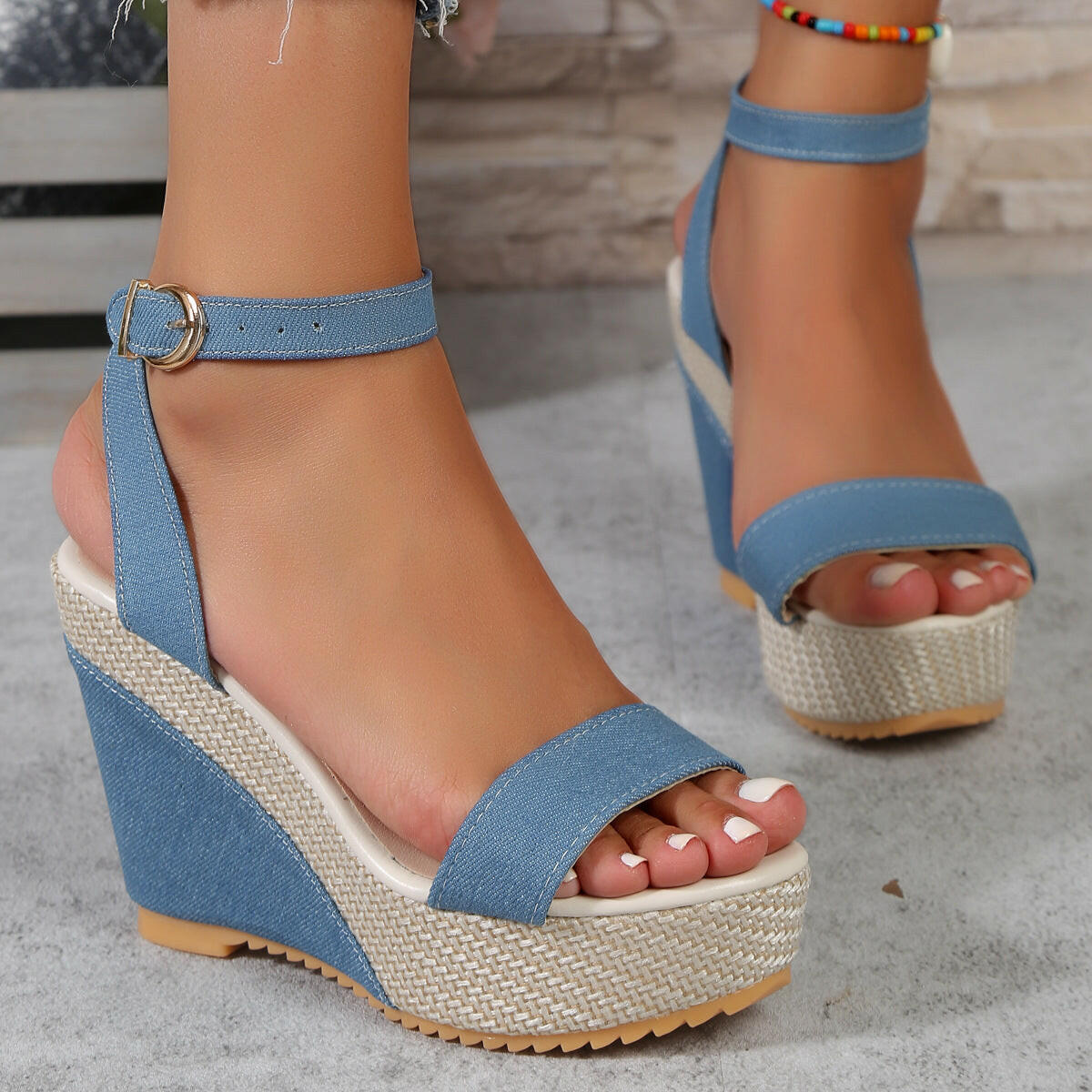 High Heel Denim Fabric Ankle-strap Sandals Women.