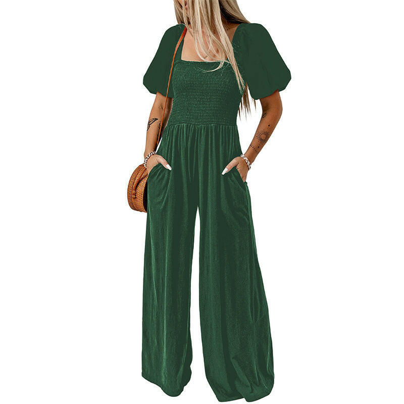 Women's Square Collar Short Sleeve Jumpsuit.