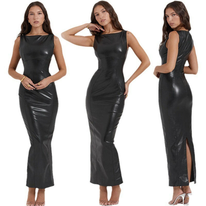 European And American Style Women Dress Autumn New PU Leather Skirt Amazon Split Long Dress.