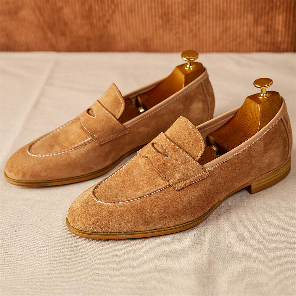 Men's Loafers With Round Toe Brown Suede.